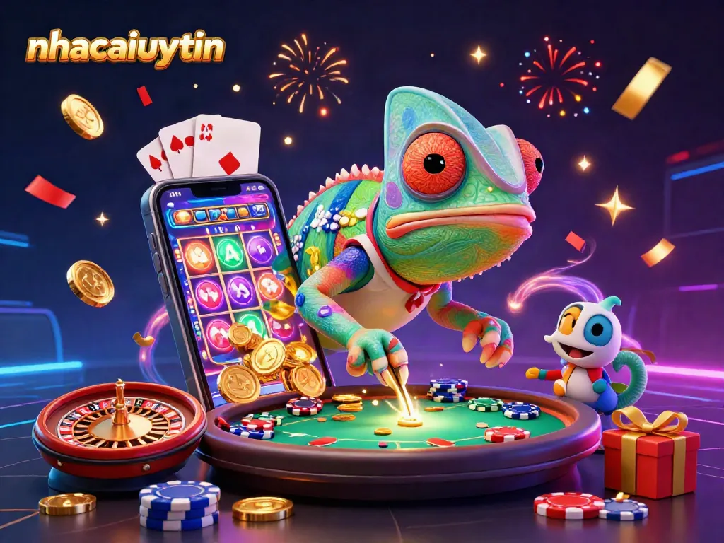 Enjoy thrilling gameplay at nhacaiuytin, featuring a vibrant chameleon casino owner amidst dynamic slot action.