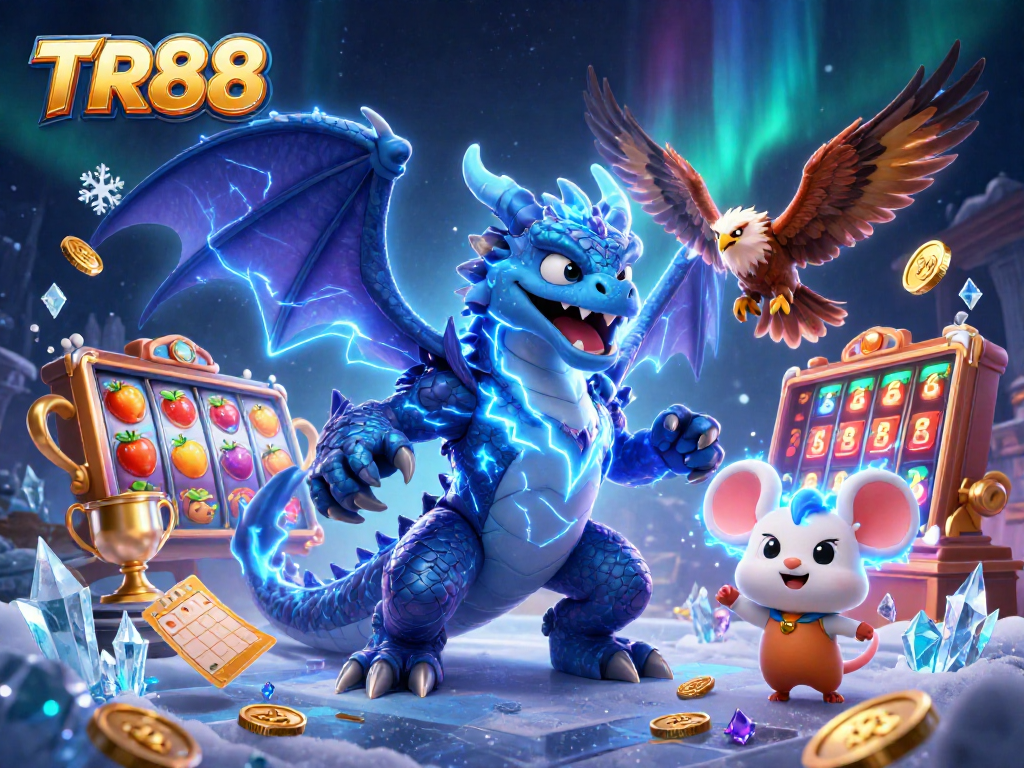 Experience thrilling gaming action with TR88's vibrant 3D casino illustration featuring dynamic slots and game characters.