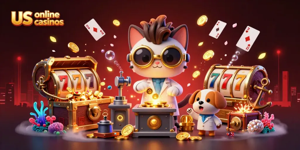 Engage with us online casinos in a vibrant 3D scene featuring animated characters creating a gold-coin machine.