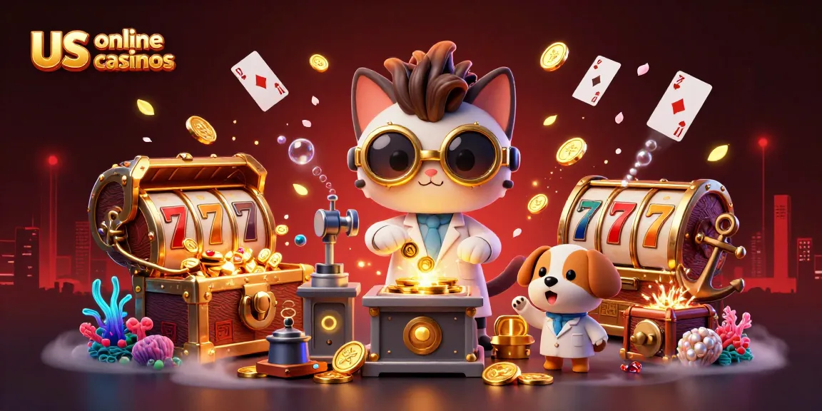 Engage with us online casinos in a vibrant 3D scene featuring animated characters creating a gold-coin machine.