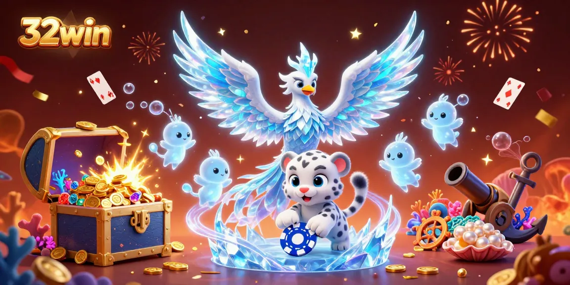 32win casino scene featuring a playful ice phoenix, a snow leopard cub, and glowing sprites celebrating with casino chips and treasure.
