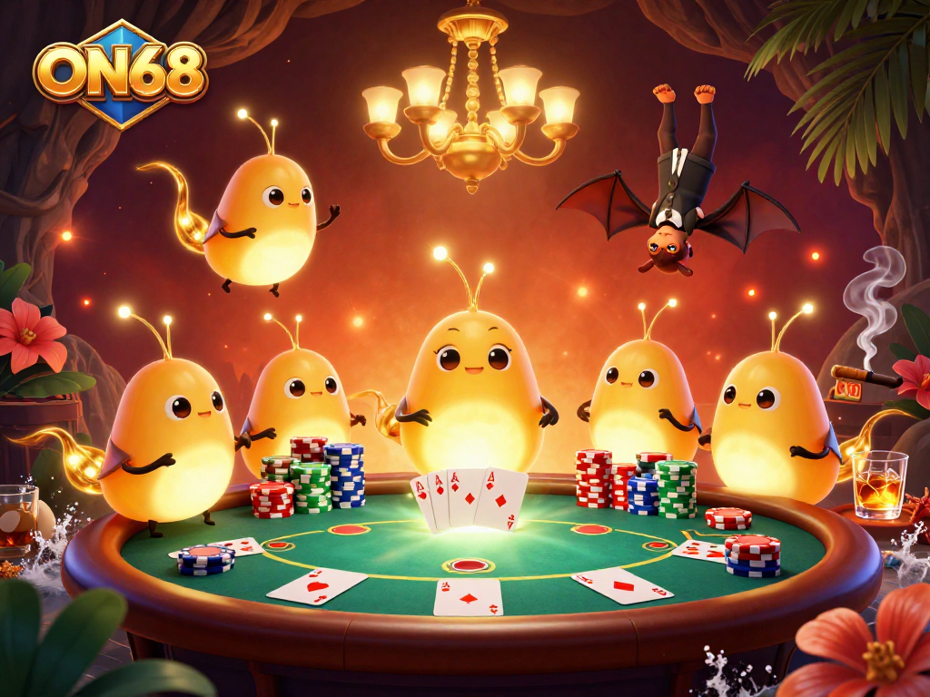 Experience the excitement of ON68 with glowworms illuminating a vibrant casino scene full of card games and poker chips.