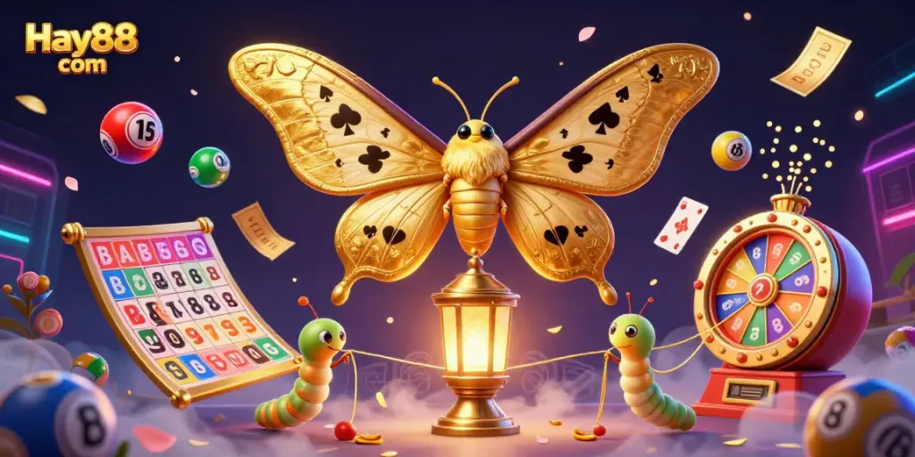 Participate in exciting gaming experiences at Hay88 com with a vibrant 3D casino scene featuring lottery and bingo elements.