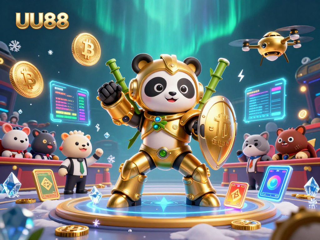 Engage with UU88's thrilling gaming experience as a mech-suit panda battles in a dynamic arena.