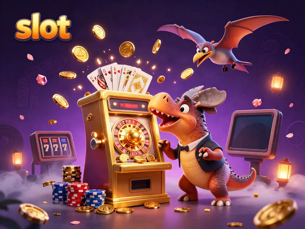 Three cartoon dinosaurs interacting with a jackpot slot machine amidst flying coins and casino elements.