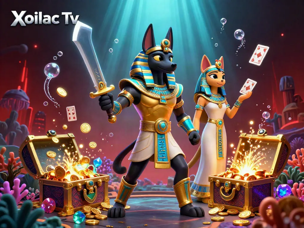 Xoilac Tv showcases Egyptian-themed gambling with Anubis and treasure chests bursting with gold.