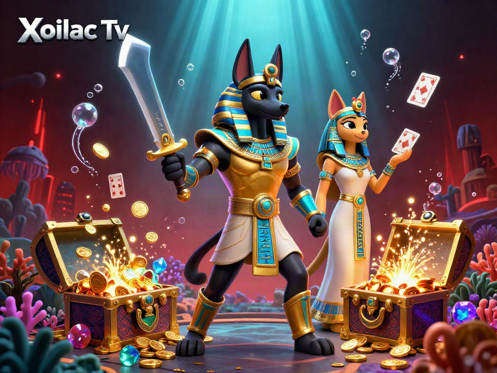 Xoilac Tv showcases Egyptian-themed gambling with Anubis and treasure chests bursting with gold.