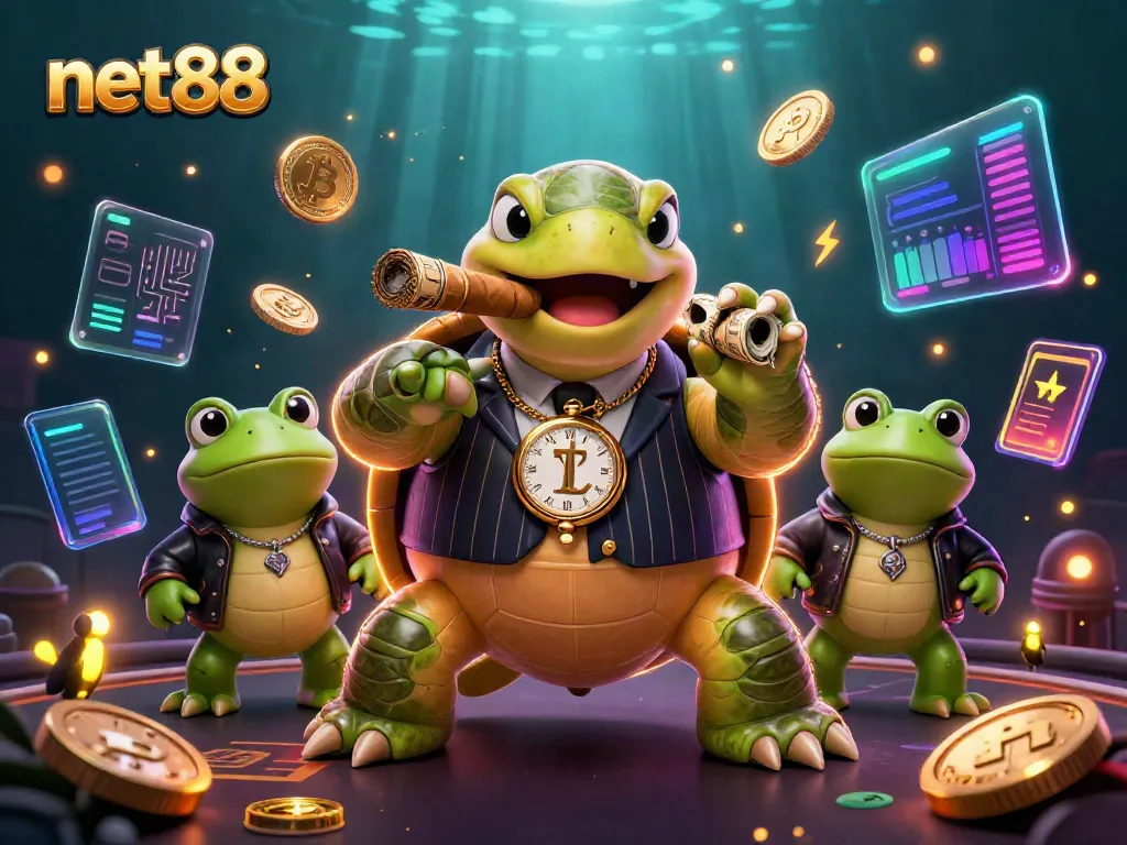 Experience the dynamic world of net88 with a cartoon turtle and bullfrogs in a vibrant casino atmosphere.