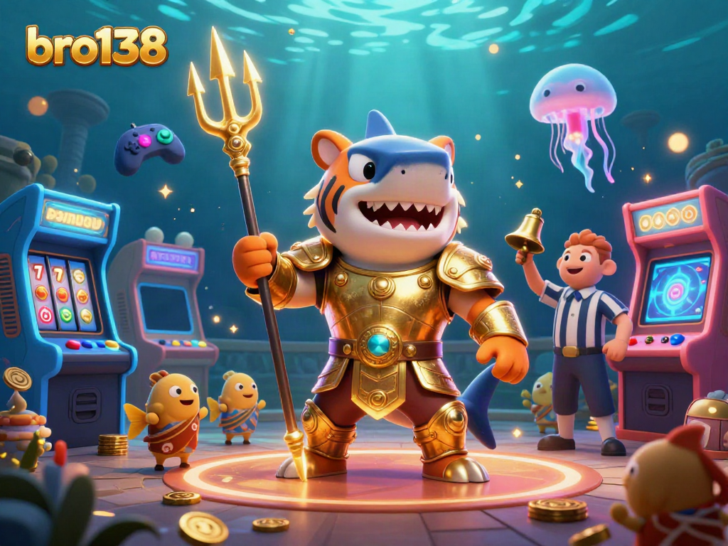Engage with bro138's top casino gaming experience featuring a tiger shark amidst vibrant slot machines in a colosseum.