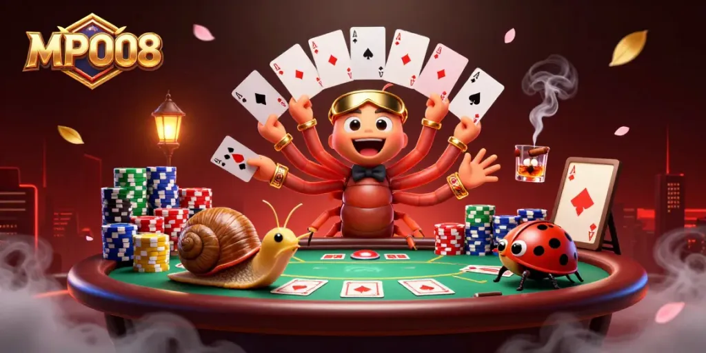MPO08 showcases an exciting online casino scene with a millipede dealer and colorful poker elements.