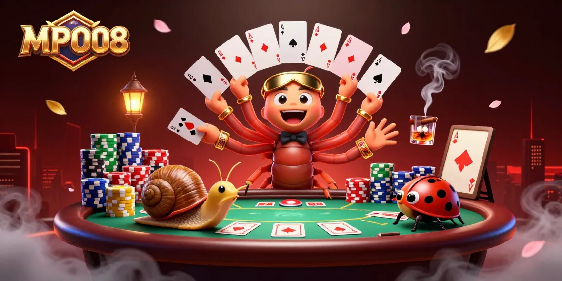 MPO08 showcases an exciting online casino scene with a millipede dealer and colorful poker elements.
