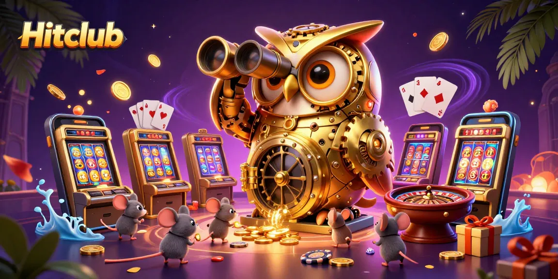 Join the action with Hitclub's lively scene featuring a golden owl and charming mouse patrons in a vibrant casino.