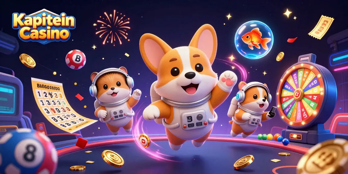Kapitein Casino menghadirkan corgi astronot, hamster, dan ikan dalam suasana permainan lotere yang ceria.