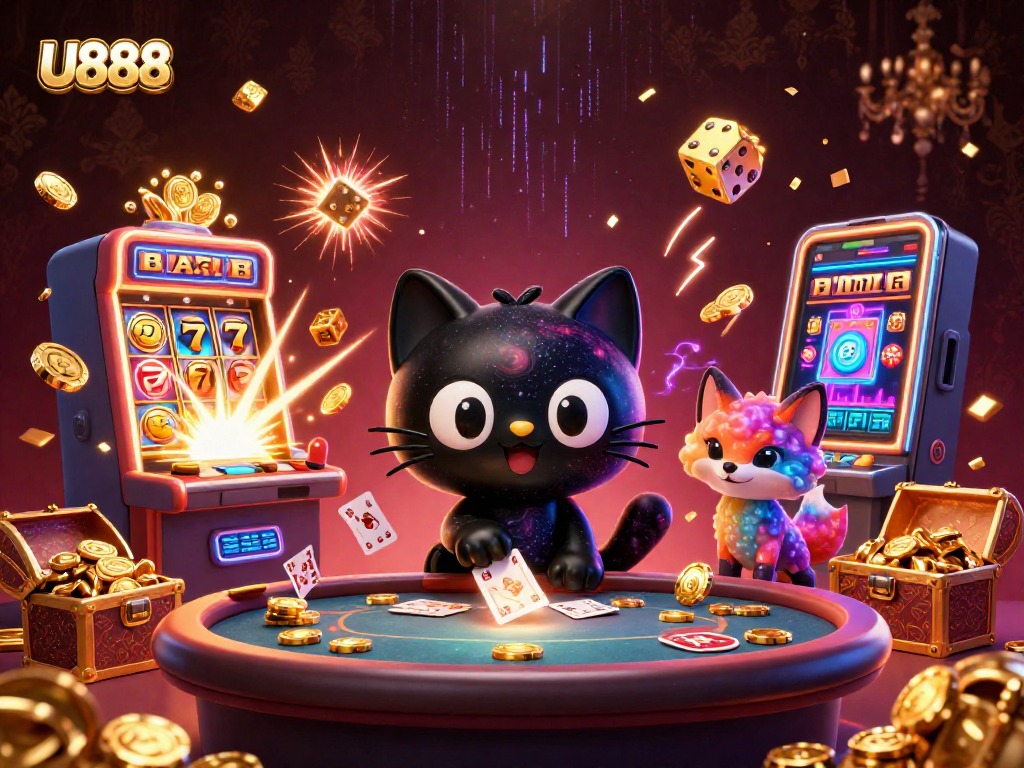Experience thrilling games at U888 casino with a cosmic twist, featuring a black hole cat and vibrant elements.