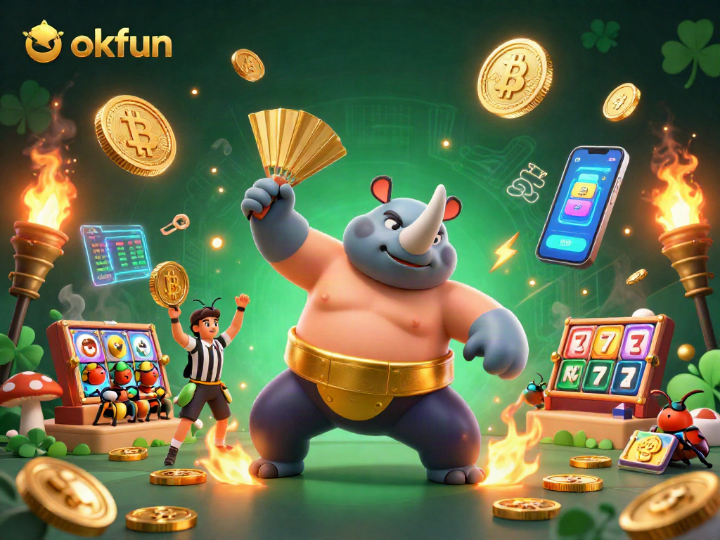 OKfun showcases a thrilling crypto casino scene with vibrant beetles and flying coins.