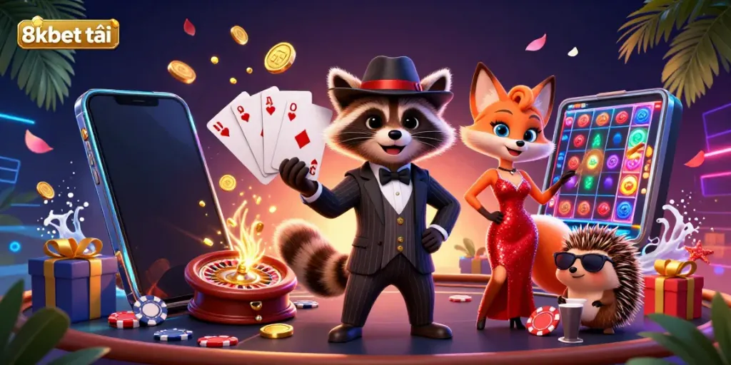 Experience thrilling gaming with 8xbet tải as the suave raccoon flaunts a royal flush in a lively casino setting.