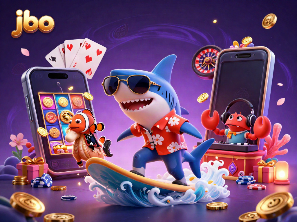 Experience thrilling gameplay with jbo as a shark surfs gold coins and a clownfish rides a seahorse in a vibrant casino scene.