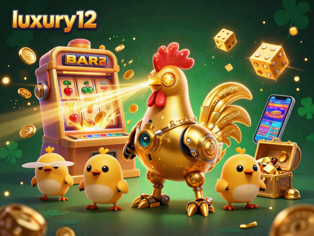 Win amazing rewards with luxury12 as a golden rooster robot engages in a high-energy casino scene.