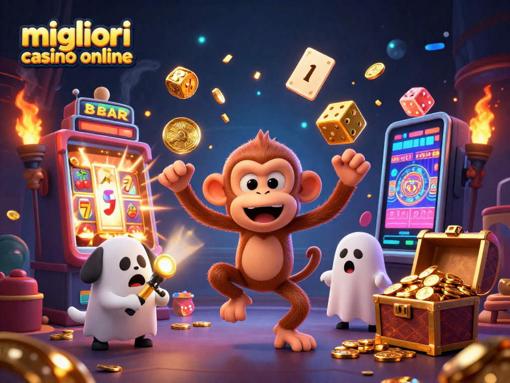 Scopri i migliori casinò online mentre un monaco invisibile gioca con chips e dadi dorati.