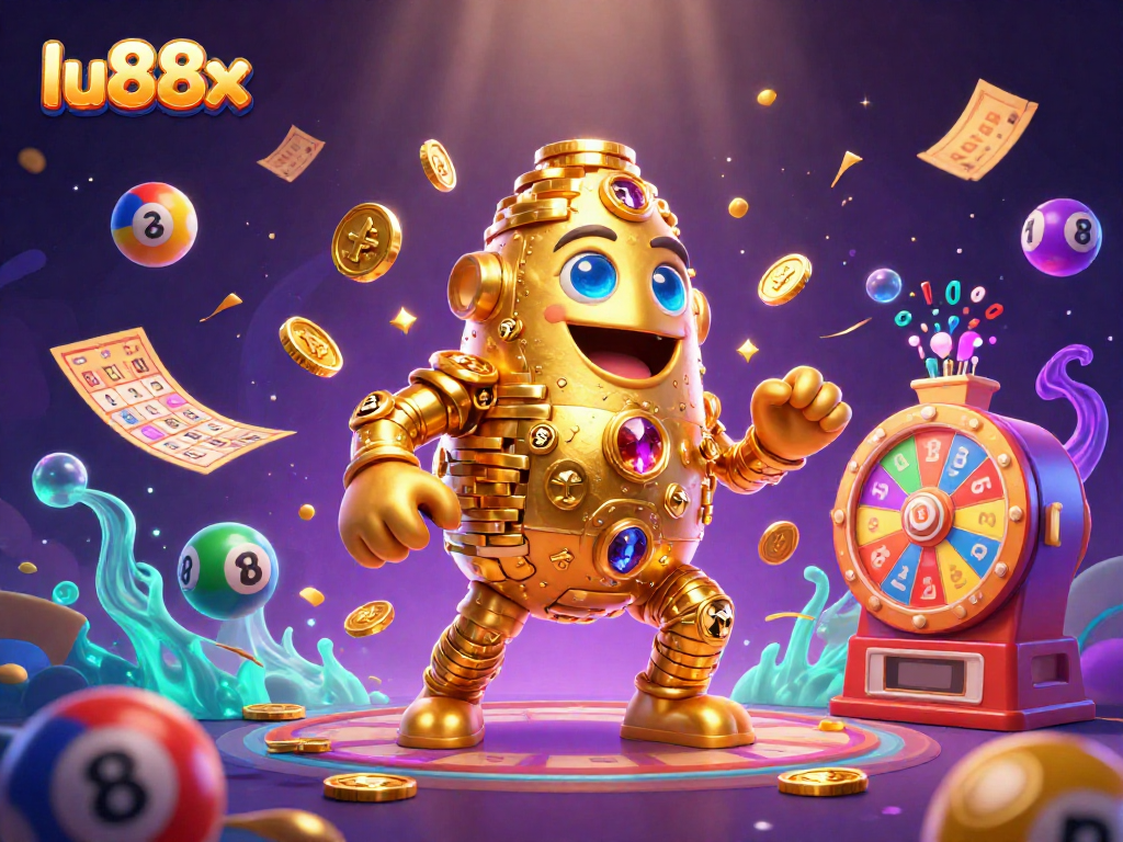 Experience thrilling gaming with lu88x in this vibrant 3D illustration featuring dynamic casino elements.